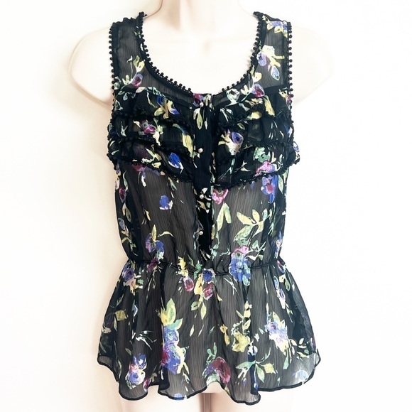 🆕 Express floral peplum sheer scoop neck cami tank top black purple small - Picture 1 of 6